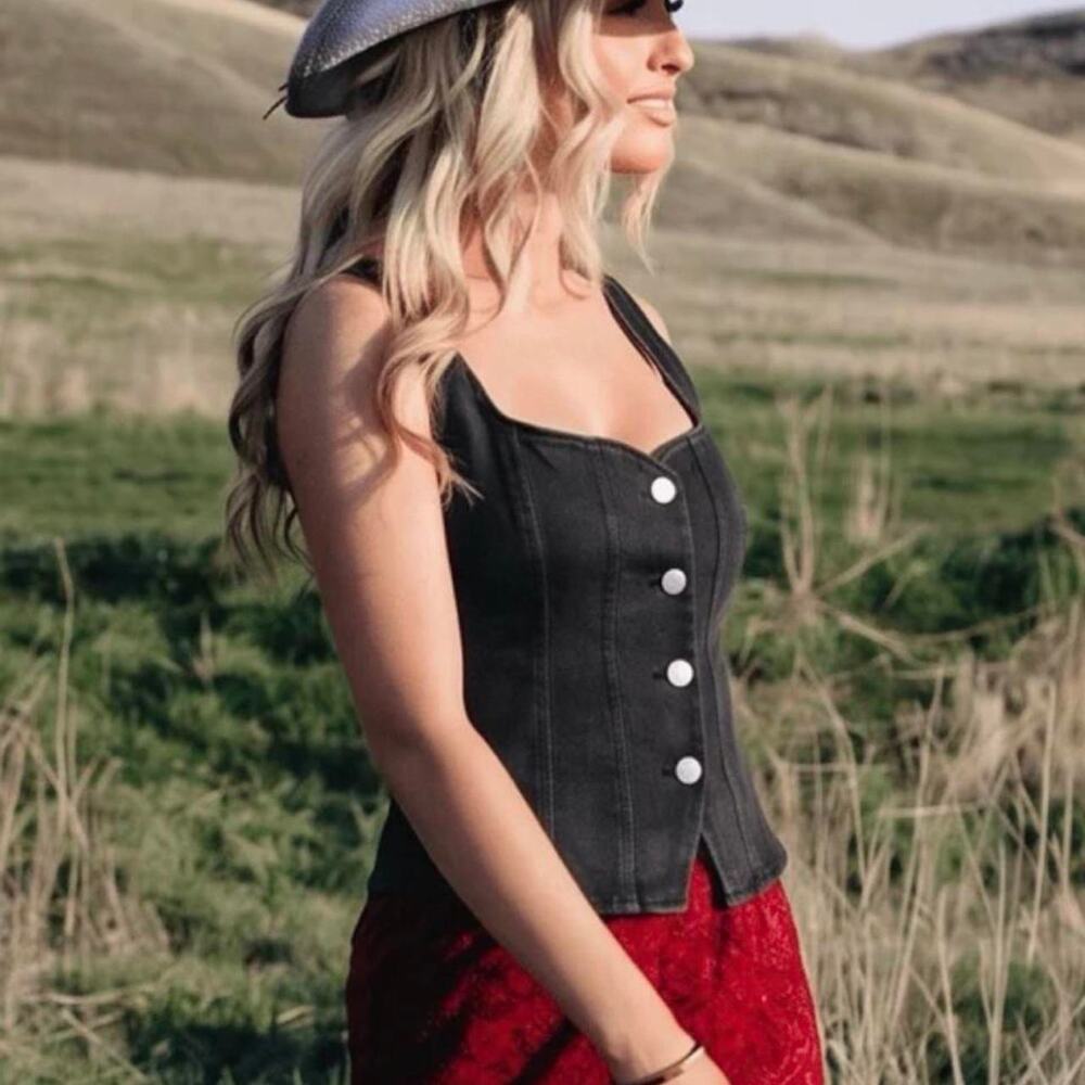 YSTGUIC Black Denim Corset Bustier Crop Top Size L NWT